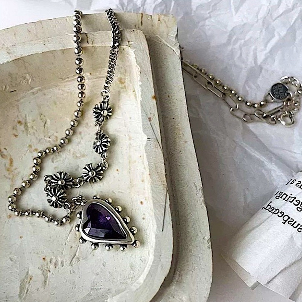Heart Amethyst Sterling Silver Pendant Charm Punk Necklace - Picture 3 of 7